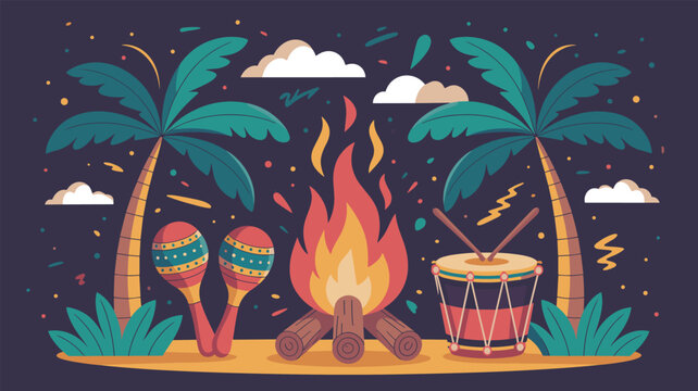 Tropical beach party scene with a bright bonfire burning between palm trees along with traditional musical instruments like maracas and a drum.