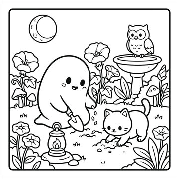 Cute ghost planting flower seeds coloring page for kids, cartoon spooky character gardening with cat and owl vector line art, night garden landscape outline illustration