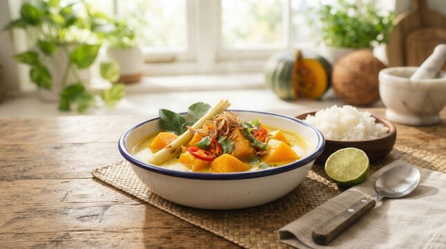 Sayur labu kuning, an Indonesian pumpkin coconut curry soup with lemongrass and lime.