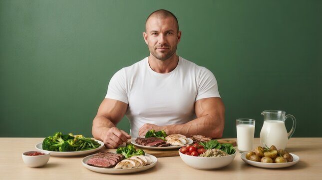 A muscular man enjoying a healthy diet consisting of grilled meat, fresh vegetables, and dairy products.