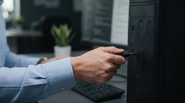 Close-up of a person inserting a USB drive into an office computer to steal data.