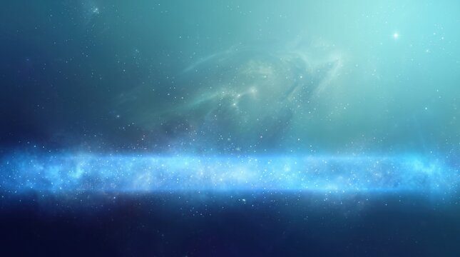 Horizontal glowing blue light band across a dark teal and navy space nebula background with scattered white particles and soft hazy atmospheric light flares