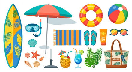 Fototapeta premium Beach, summer, vacation, icons, 25 elements, vector, colorful, tropical, resort, travel