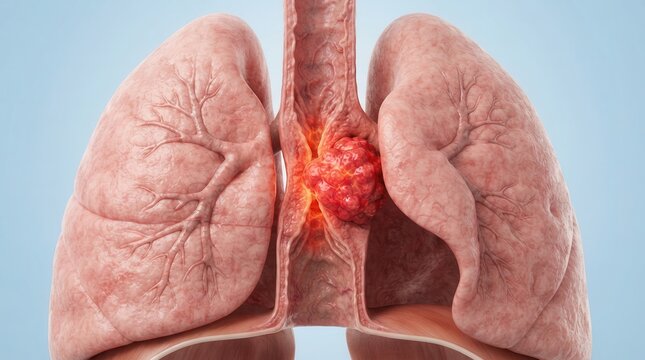 Medical diagram showing the impact of esophageal cancer on the lungs and thoracic cavity.