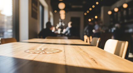 Obraz premium Cafe atmosphere with patrons enjoying coffee amidst warm sunlight and blurred interior.