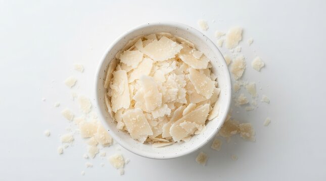 Top view of a bowl filled with parmesan cheese flakes and scattered pieces.
