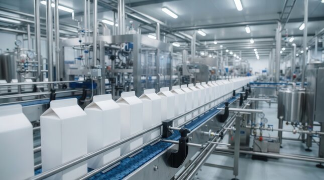 White milk cartons on a conveyor belt within a professional dairy factory setting.