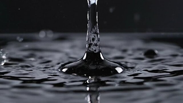 
Extreme close-up of a water droplet falling onto a sheet of water, in slow motion.