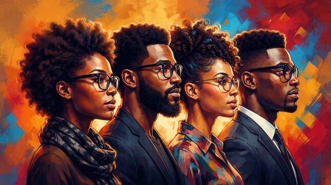 Colourful abstract illustration showcasing African-American people across different disciplines.