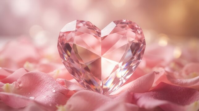 Beautiful pink crystal heart shaped gemstone on a soft pink background.
