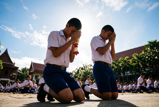 Thai students performing traditional wai kru respect ceremony