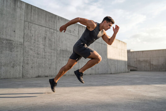 Athletic runner in explosive sprint start outdoors