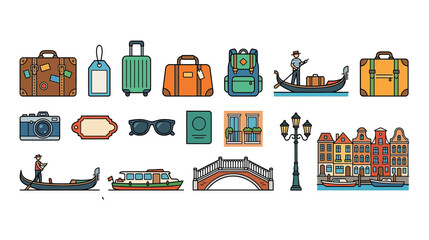 Travel Icons: Venice Gondola, Suitcases, Passport, Camera, Bridge, Buildings © titik