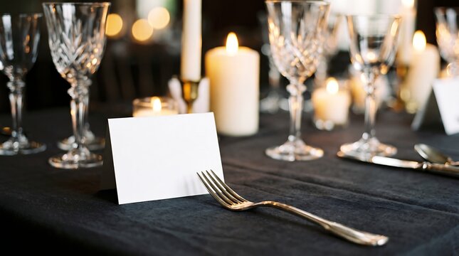 Luxury wedding or gala event table setting featuring crystal glasses candles and a blank name card.