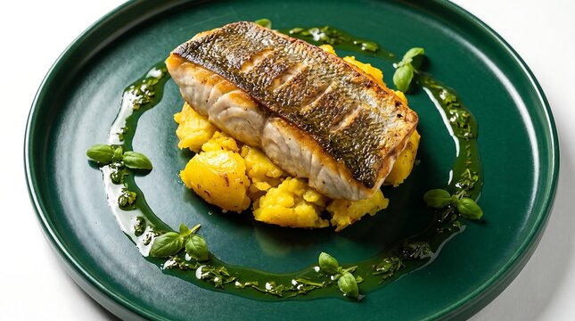 Pan seared sea bass fish fillet served on a bed of mashed potatoes with green herb sauce oil.