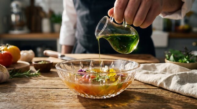 Professional chef pouring fresh green herb oil into a crystal bowl filled with gourmet consomme soup.