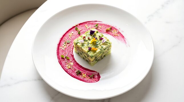 Gourmet avocado and cucumber tartare elegantly served on a white plate with a colorful sauce puree swirl.