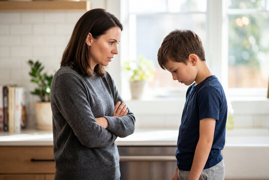 Serious mother disciplining her young son standing in modern kitchen at home