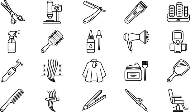 Black and White Line Art Icons of Hair Salon Equipment and Tools
