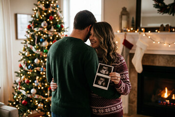 Fototapeta premium Expecting couple hugging and holding ultrasound scan