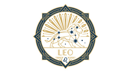Golden Leo zodiac sign constellation lion in geometric art deco emblem © pecel