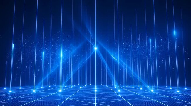 Abstract blue technology background with vertical light beams and digital data particles, ideal for network connectivity, server infrastructure, cyberspace visualization
