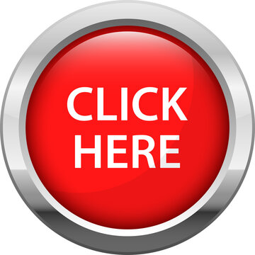 Red click here button with metallic silver border, glossy web icon, isolated on transparent background