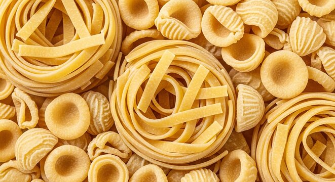 Assortment of Dry Italian Pasta Shapes: Fettuccine, Orecchiette, and Anelli