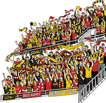 Passionate soccer fans cheering in stadium with red and yellow flags and banners