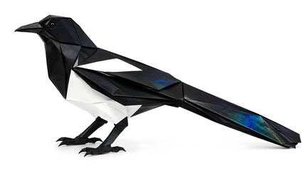 Origami Magpie with Long Folded Tail in Black and White Paper – Iridescent Sheen Perched Pose on White Background