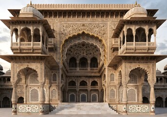 Obraz premium Intricate Indo-Islamic Palace Façade with Ornate Carvings and Symmetrical Architecture