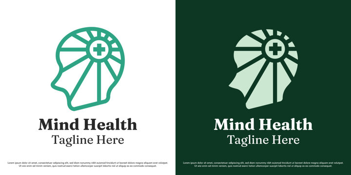 Mental health logo design illustration vector. Brain head plus health silhouette. Mind health asylum symbol icon.