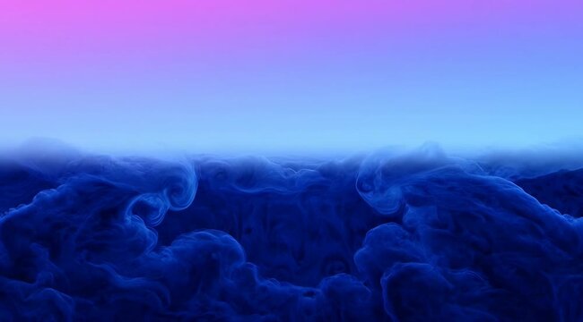 Abstract dark blue ink swirls in liquid, gradient atmosphere with pink horizon light, fluid texture motion