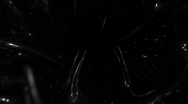 Abstract dark liquid vortex with swirling black spikes, digital motion background, fluid simulation, deep space tunnel effect