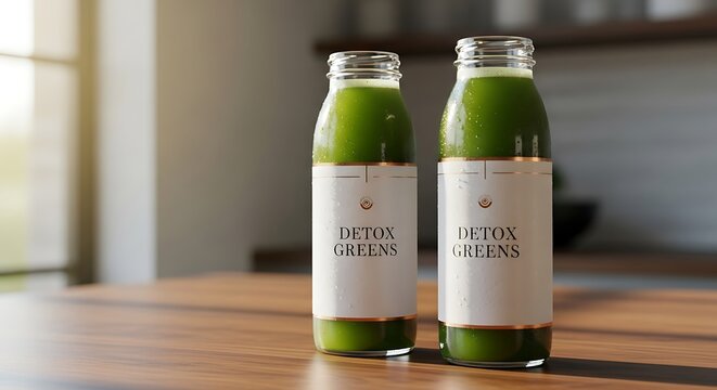 Two bottles of green detox juice on a wooden table, healthy lifestyle concept