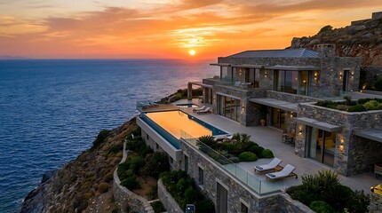 Fototapeta premium Modern cliffside villa with infinity pool at sunset over ocean