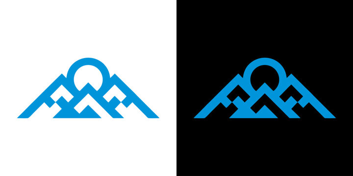 Geometric mountain and sun logo template in blue on white and black backgrounds
