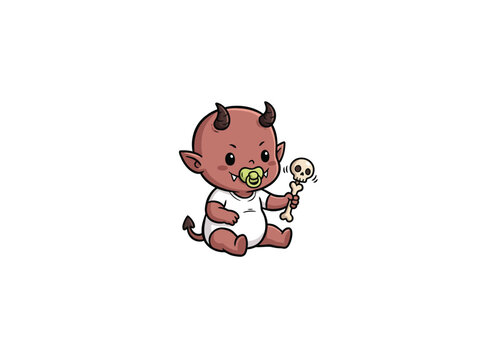Cute Red Skinned Demon Baby With Black Horns A Yellow Pacifier Wearing A White Diaper And Playfully Shaking A Bone Rattle Featuring A Small Skull Vector Illustration