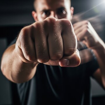 Intense male boxer preparing for a powerful punch.