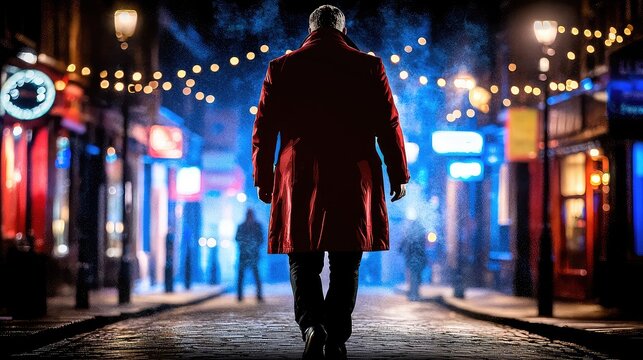 Man in Red Coat Walking on Rainy City Street at Night