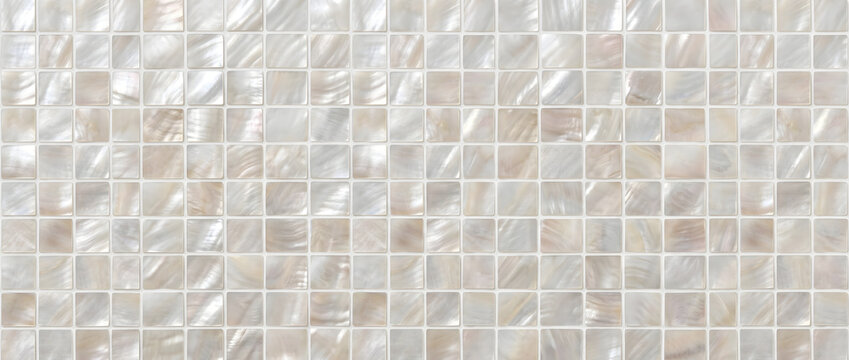 Mother of pearl featuring a seamless square mosaic tile pattern with luminous natural shell texture for elegant luxury interior surfaces