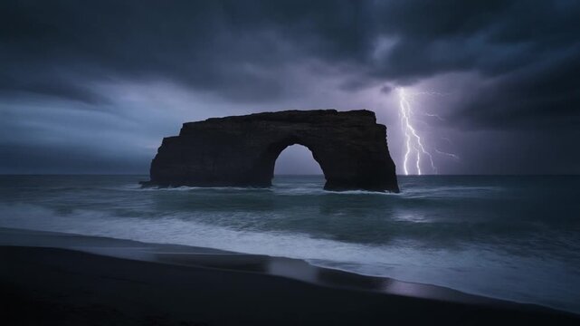 Dramatic lightning strikes over Aserrador Arch at night