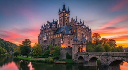 Obraz premium Majestic Castle at Sunset with Reflections and Bridge.