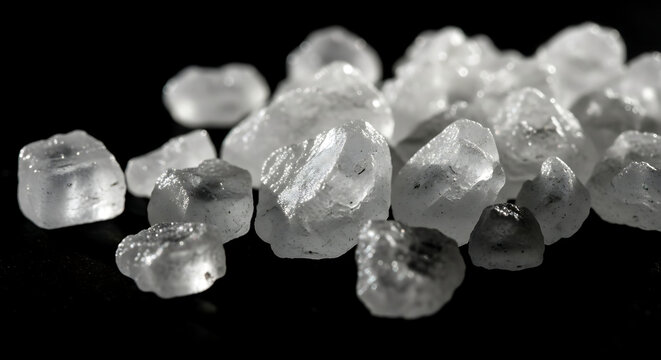 Raw Salt Crystals Macro Shot on Black Background - Natural Mineral Texture