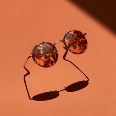 Round Tortoiseshell Sunglasses Floating on Terracotta Background © Tharshan