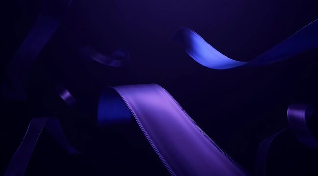 Abstract flowing silk purple ribbons floating in dark space, elegant motion, festive decoration, celebration, luxury background
