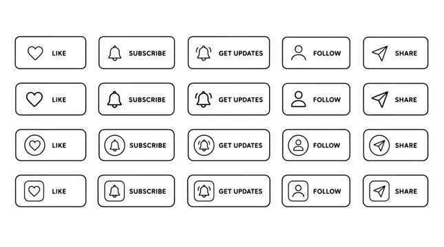 Collection of social media buttons including like, subscribe, get updates, follow, and share icons.
