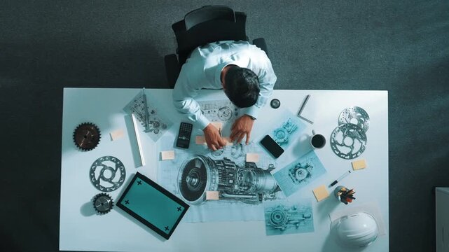 Top down view of skilled engineer writing and planning turbine engine design while sitting at meeting table with gear and electronic generator scatter around. Technician taking a note. Alimentation.