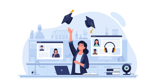 Woman celebrating online graduation with caps thrown in air.