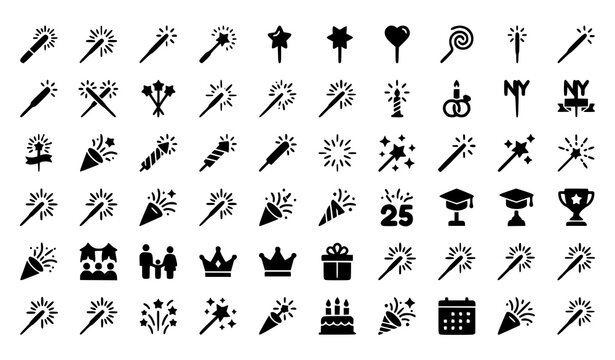Celebration icons collection fireworks party supplies and achievement symbols
